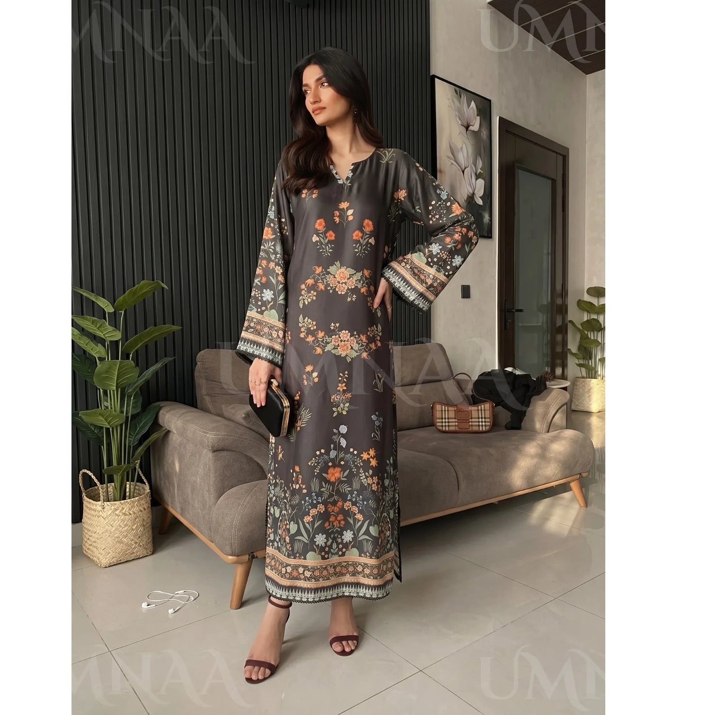 UA-284 Printed Shamooz Silk Printed Kaftan Style dress | Umnaa