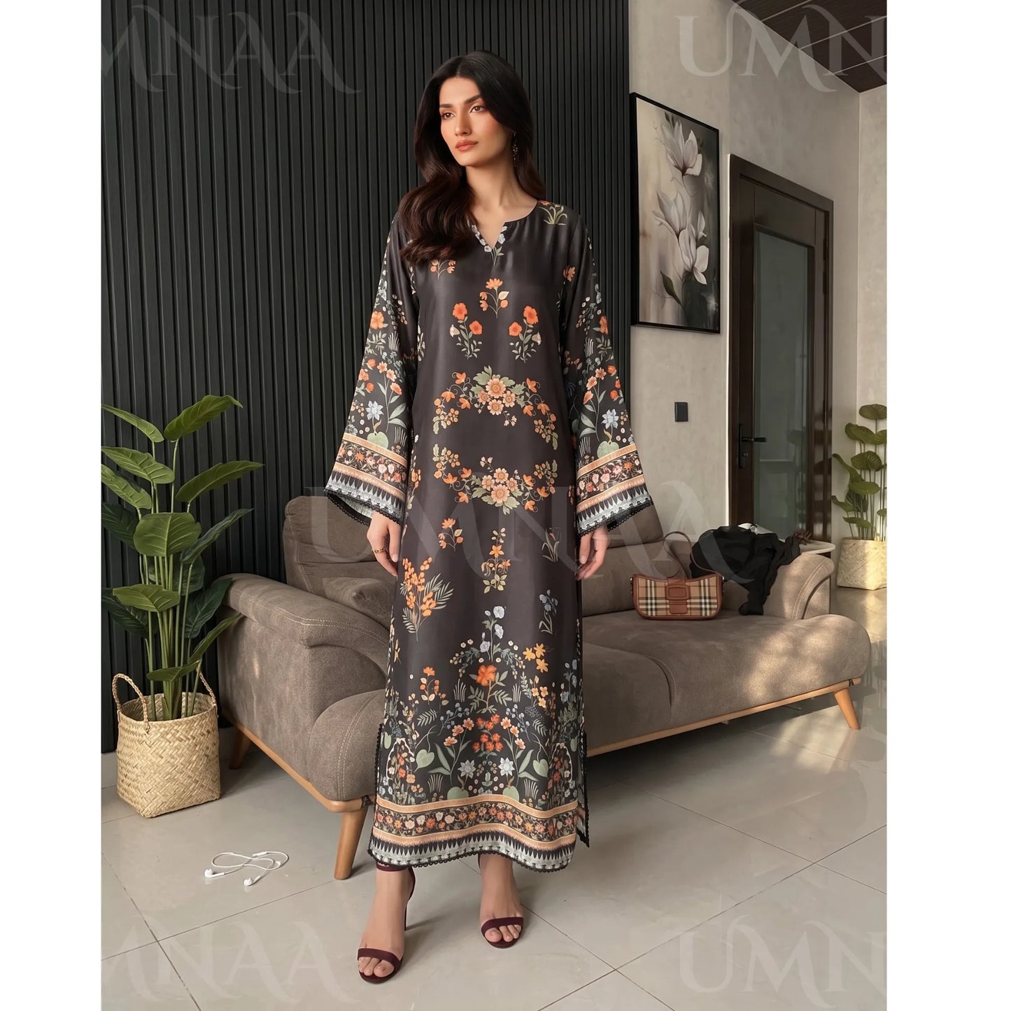 UA-284 Printed Shamooz Silk Printed Kaftan Style dress | Umnaa