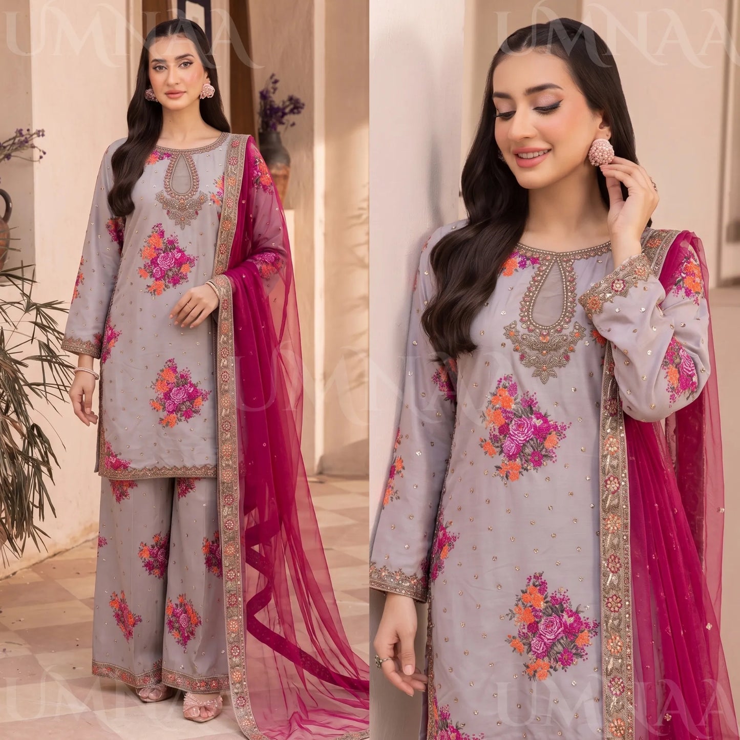 UA-287 Embroidered Printed Poly Silk Dress 3 Pc | Umnaa