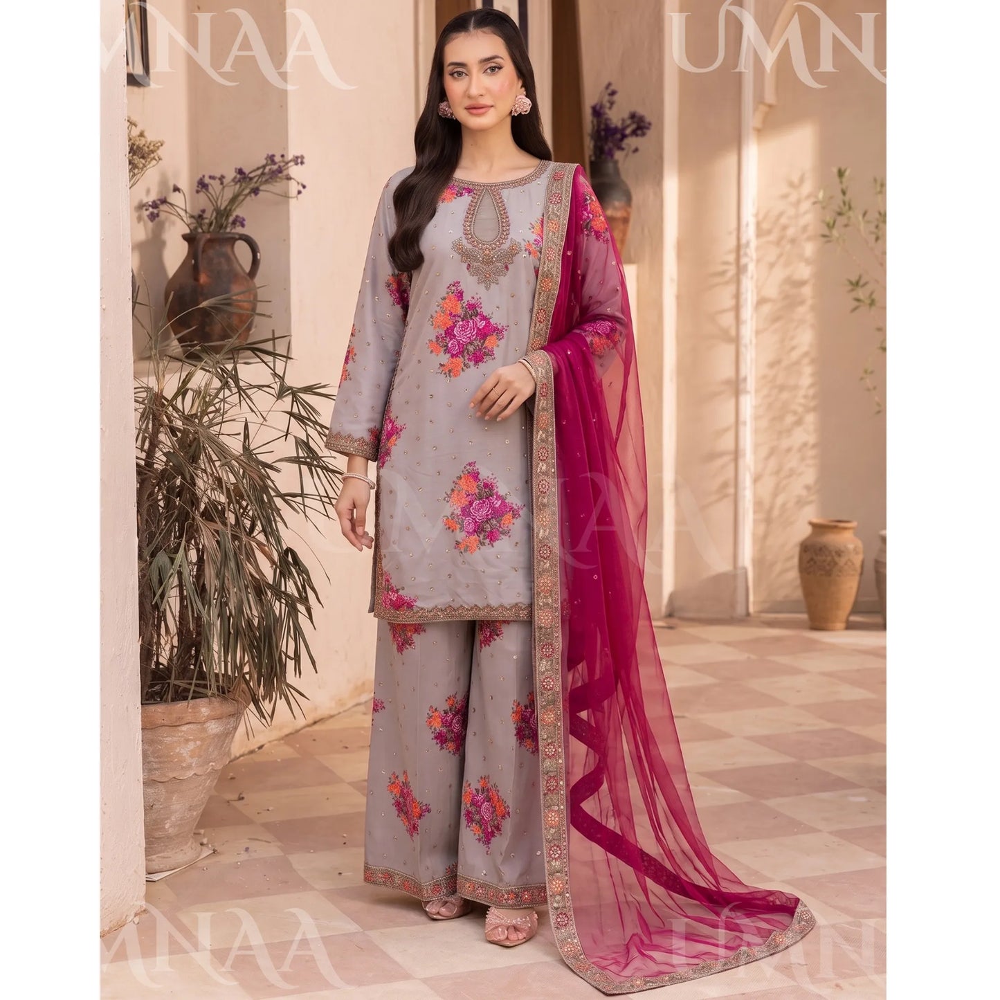 UA-287 Embroidered Printed Poly Silk Dress 3 Pc | Umnaa