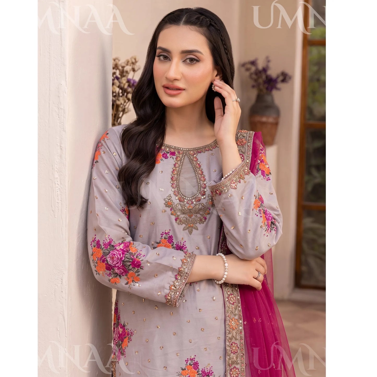 UA-287 Embroidered Printed Poly Silk Dress 3 Pc | Umnaa