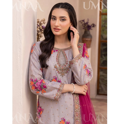 UA-287 Embroidered Printed Poly Silk Dress 3 Pc | Umnaa
