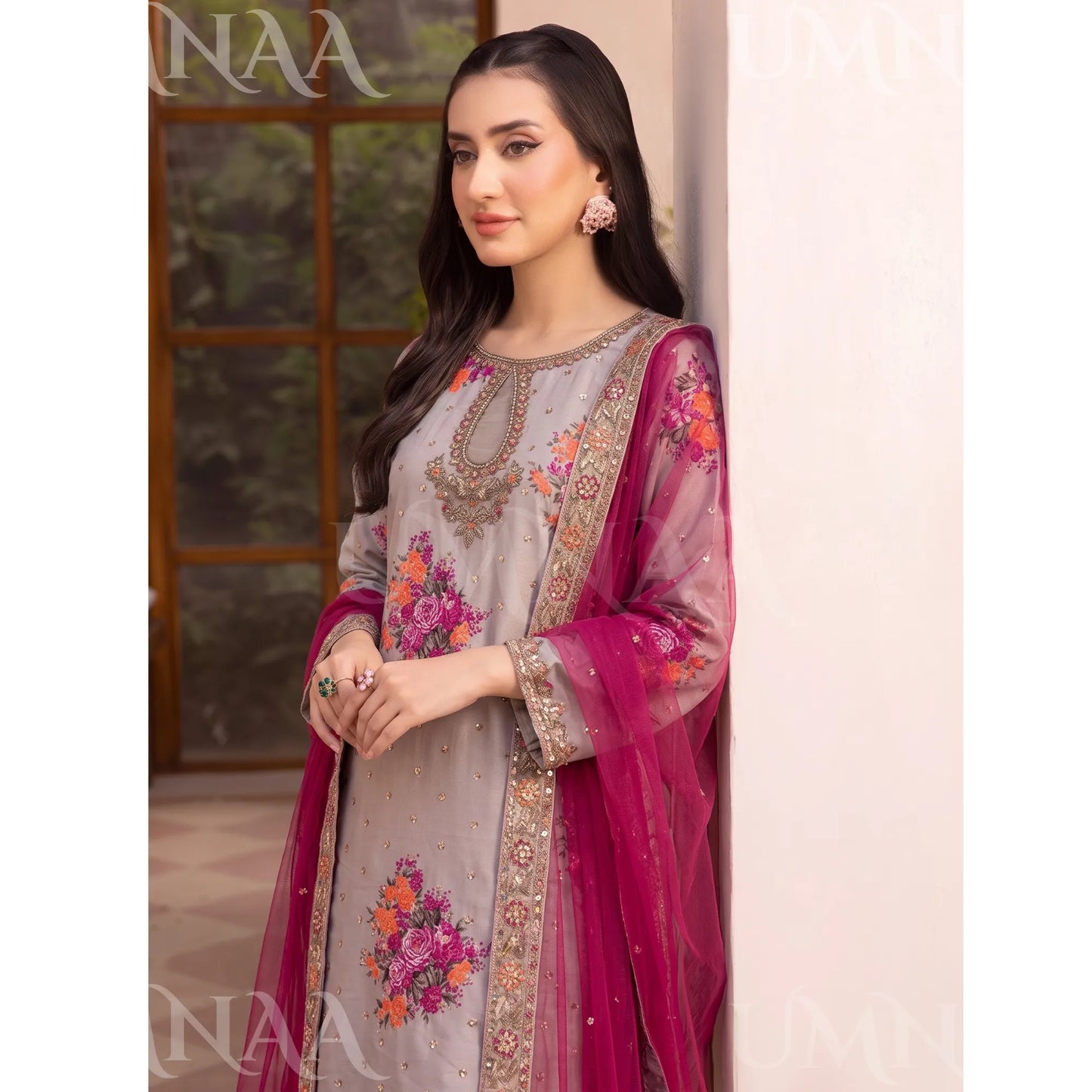 UA-287 Embroidered Printed Poly Silk Dress 3 Pc | Umnaa