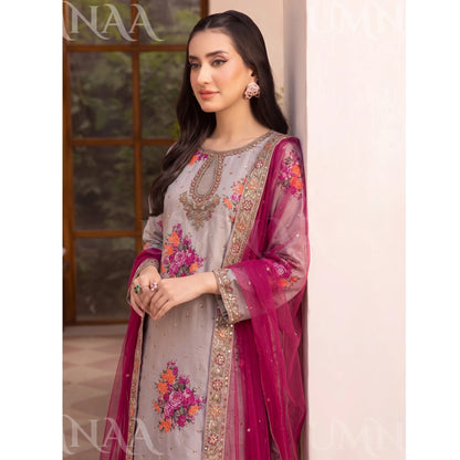 UA-287 Embroidered Printed Poly Silk Dress 3 Pc | Umnaa