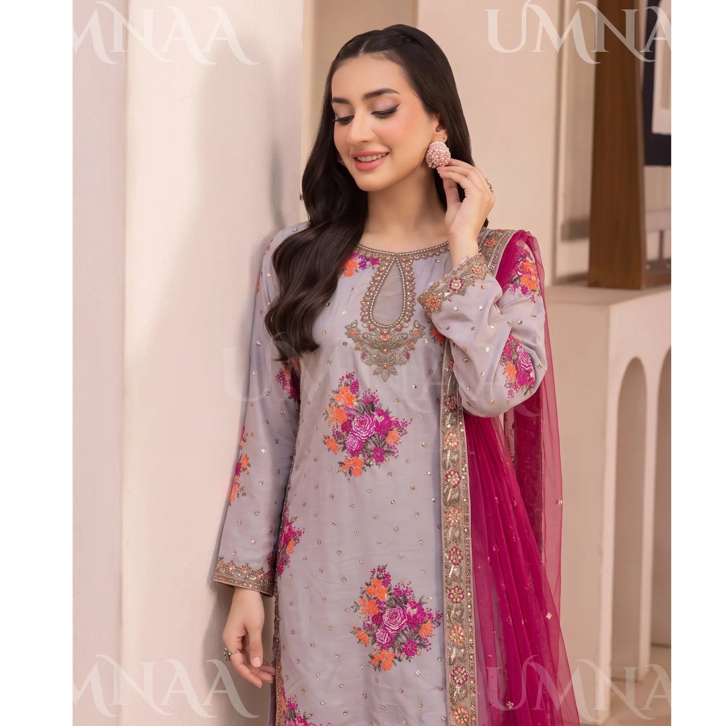 UA-287 Embroidered Printed Poly Silk Dress 3 Pc | Umnaa