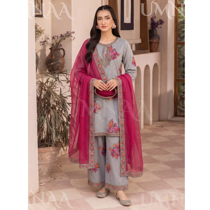 UA-287 Embroidered Printed Poly Silk Dress 3 Pc | Umnaa