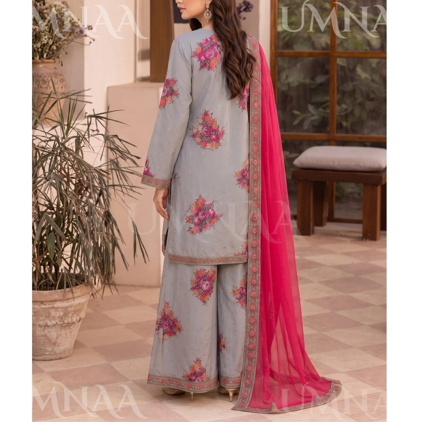 UA-287 Embroidered Printed Poly Silk Dress 3 Pc | Umnaa