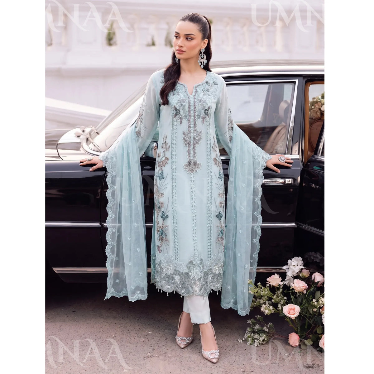 UA-297 Embroidered Luxury Chiffon Collection | Umnaa - Light Sky blue