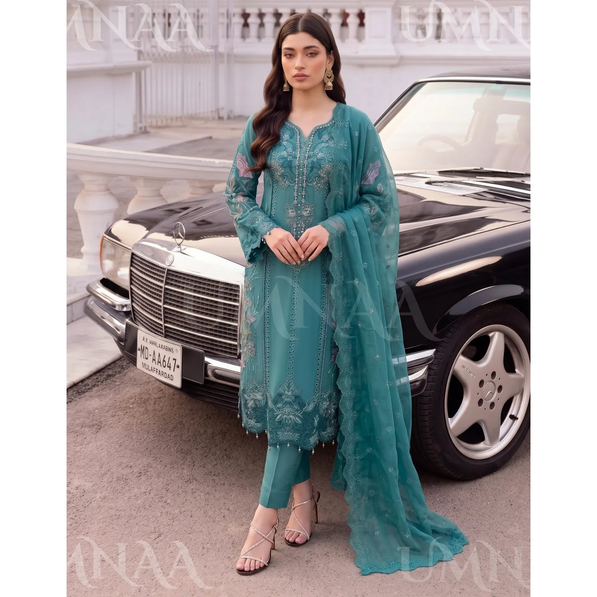 UA-297 Embroidered Luxury Chiffon Collection | Umnaa - Teal Green