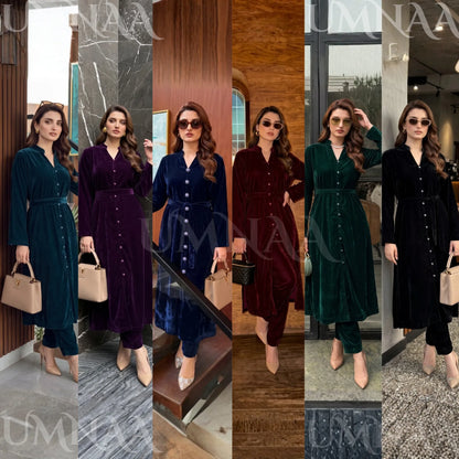 UA-301 Coat Style Velvet Co-Ords 2 Pc | Umnaa
