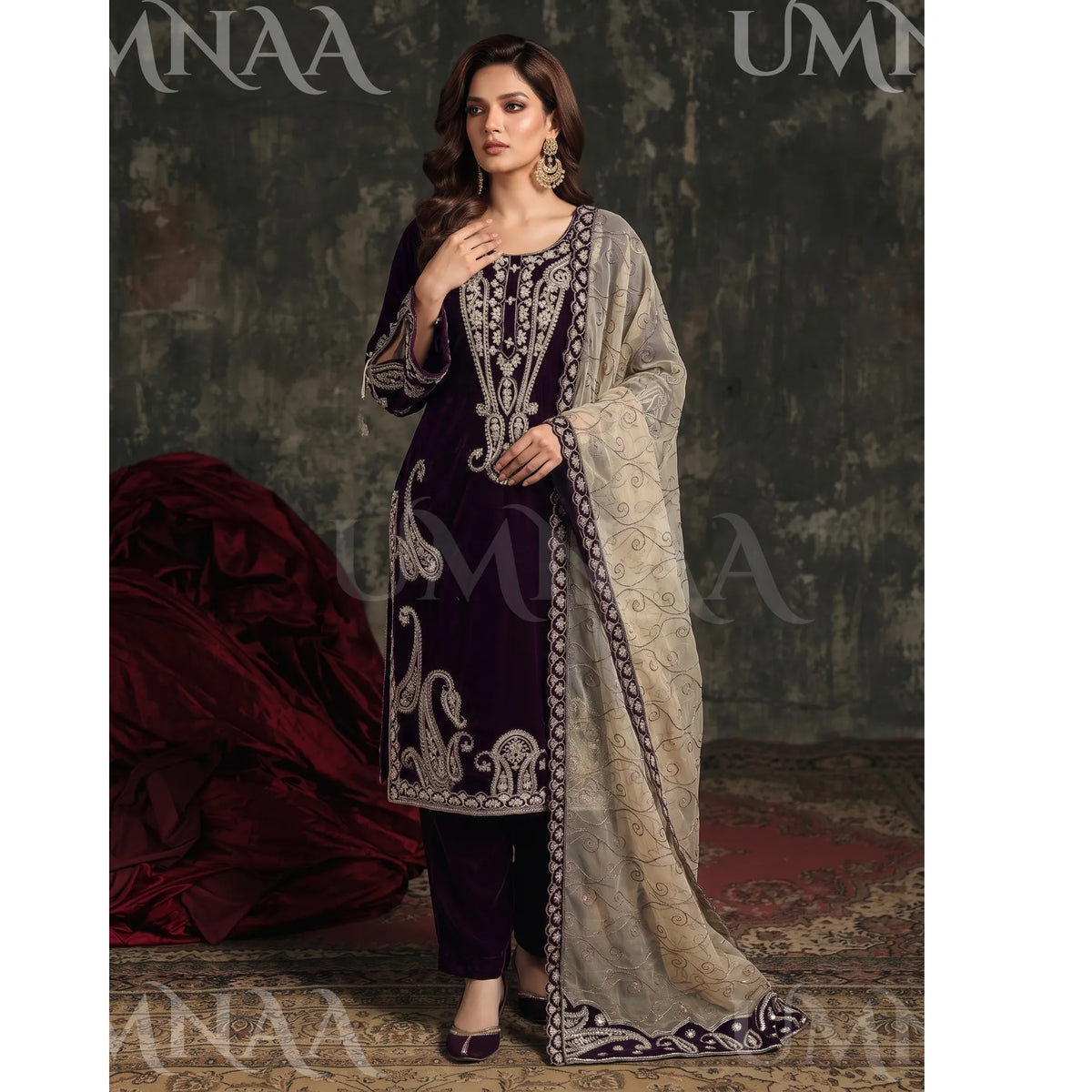 UA-308 Embroidered Velvet Collection by Umnaa - Plum
