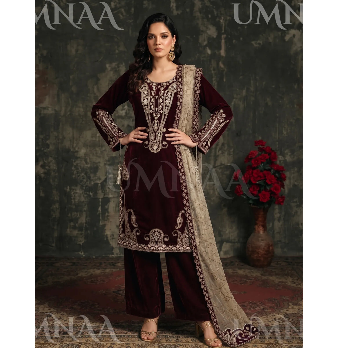 UA-308 Embroidered Velvet Collection by Umnaa - Maroon