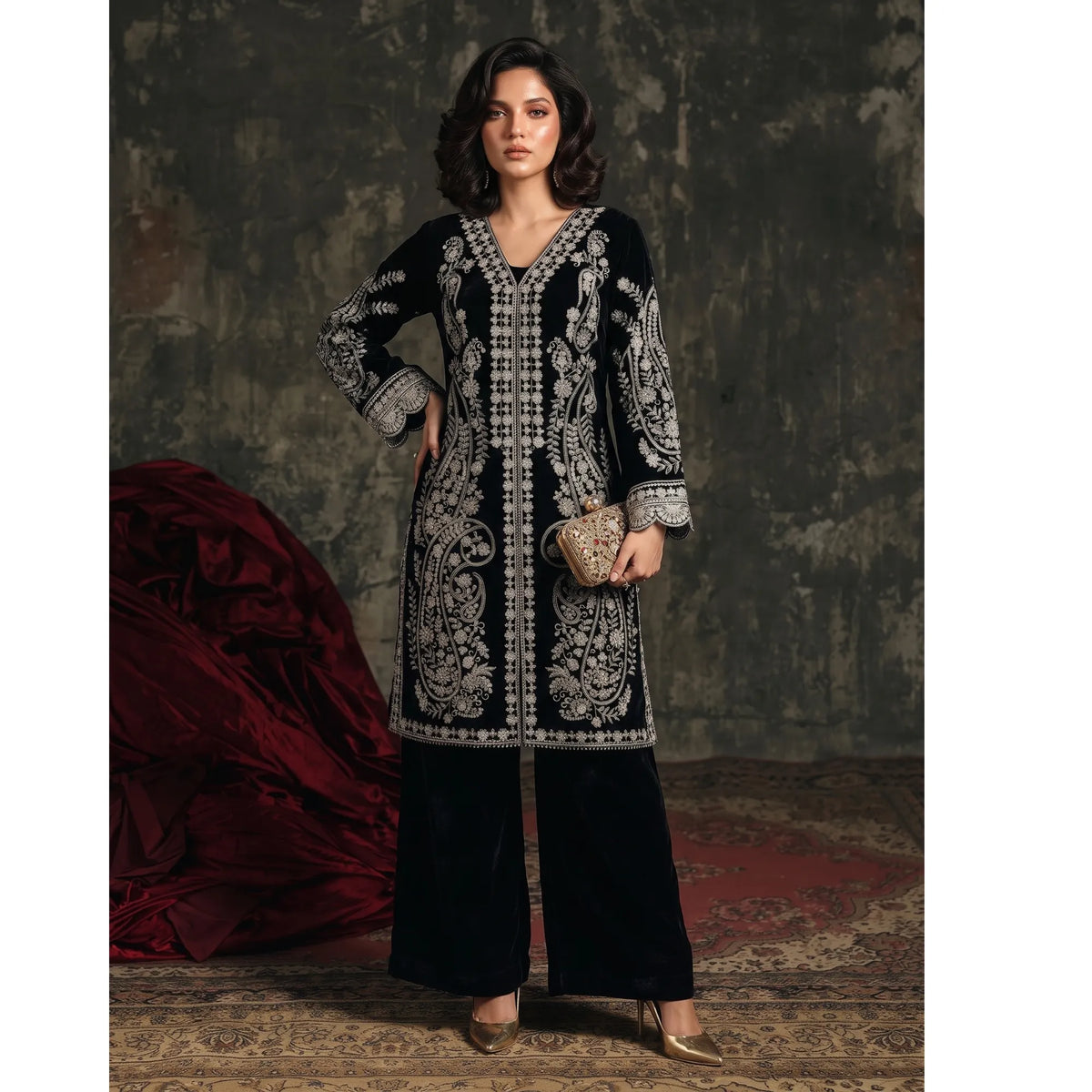 UA-311 Luxury Festive Velvet Cord Set | Umnaa - Black