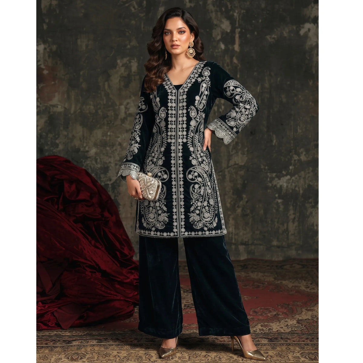 UA-311 Luxury Festive Velvet Cord Set | Umnaa - Teal