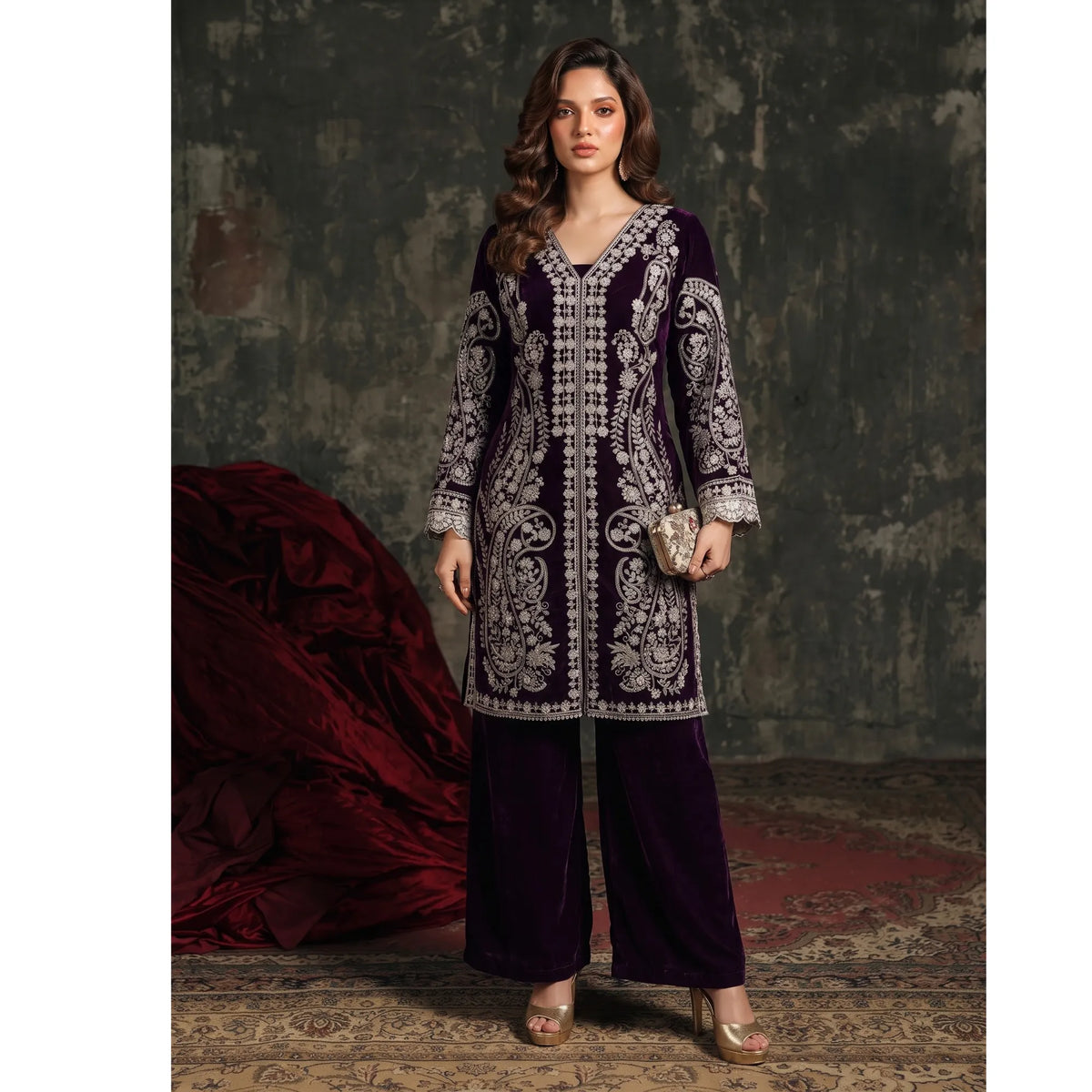 UA-311 Luxury Festive Velvet Cord Set | Umnaa - Plum