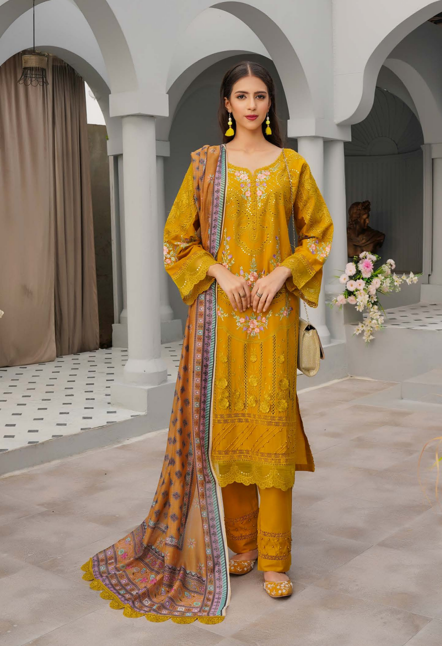 (Mustard) Heavy Embroidered Cotton Linen Ready to Wear Dress - MUNIRA