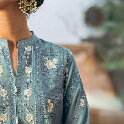 Sea Green 3 Piece Embroidered Dhanak Ready to Wear Collection by Casuallite | UMCAE0604