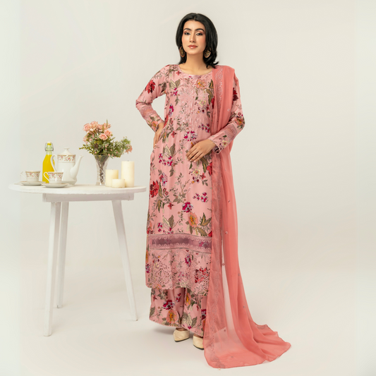 UMS-10 Floral Printed Embroidered Linen | 3 Pc | Ready-to-wear Dress - Simrans