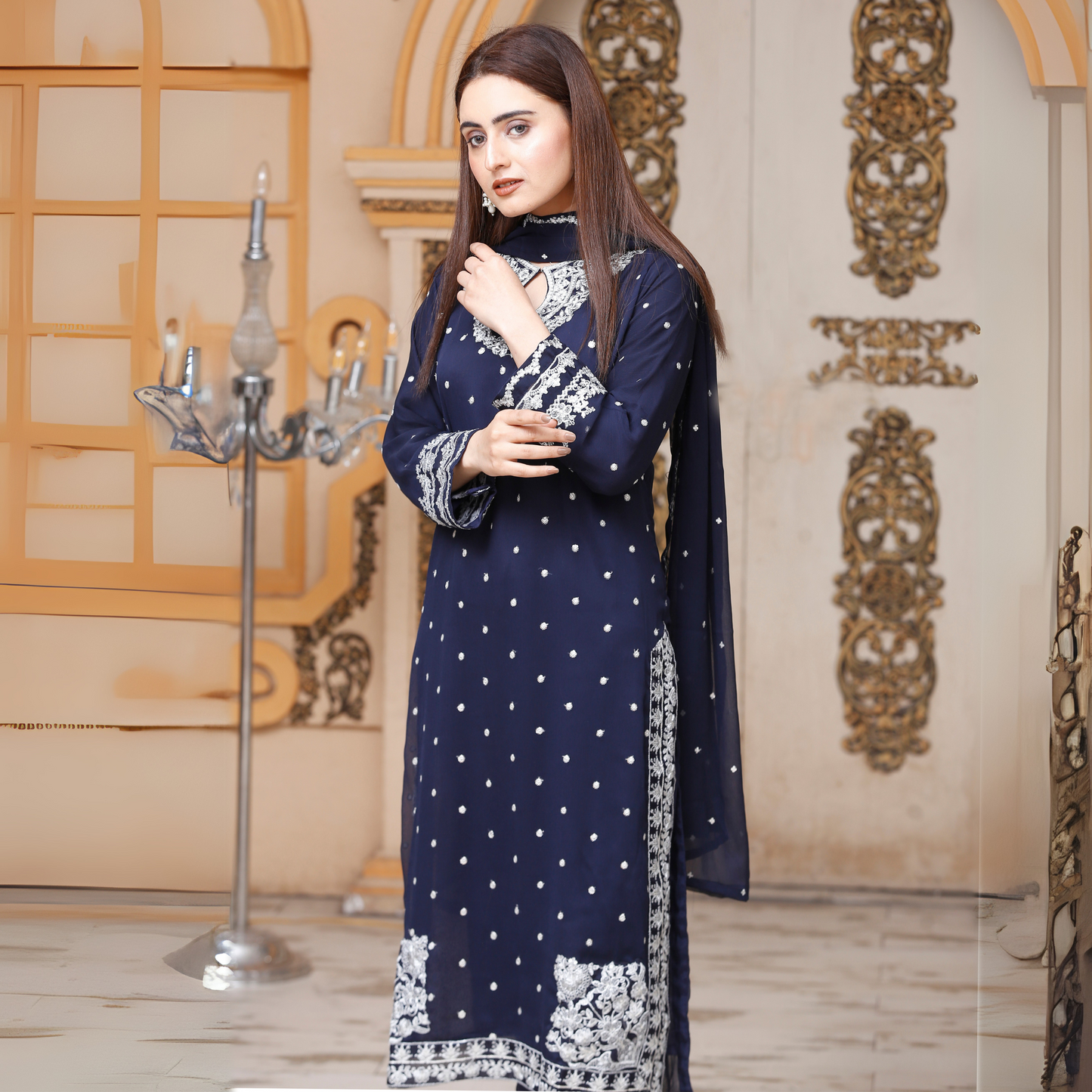 UA-54 3Pc Luxury Embroidered Chiffon Dress with Chiffon Dupatta 3 Pc |Ready to Wear| Umnaa