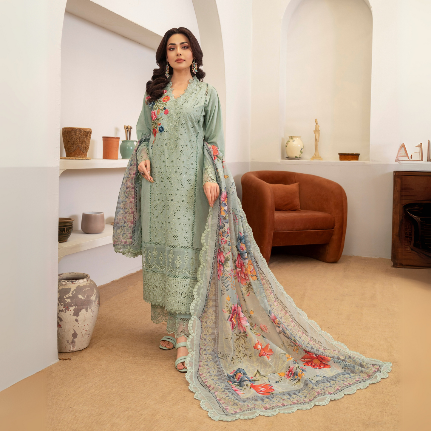 UKC-27 Embroidered Cambric Cotton Ready to Wear 3 Pc - Karma Collection