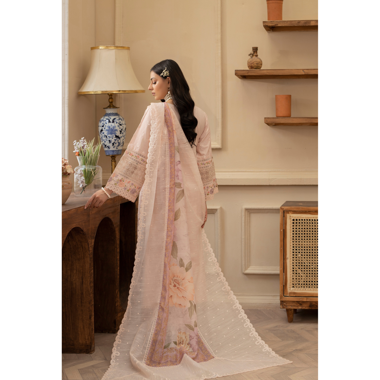 KC-1434 Embroidered Chikenkari Cambric Cotton Dress Ready to Wear 3 Pc - Karma Collection