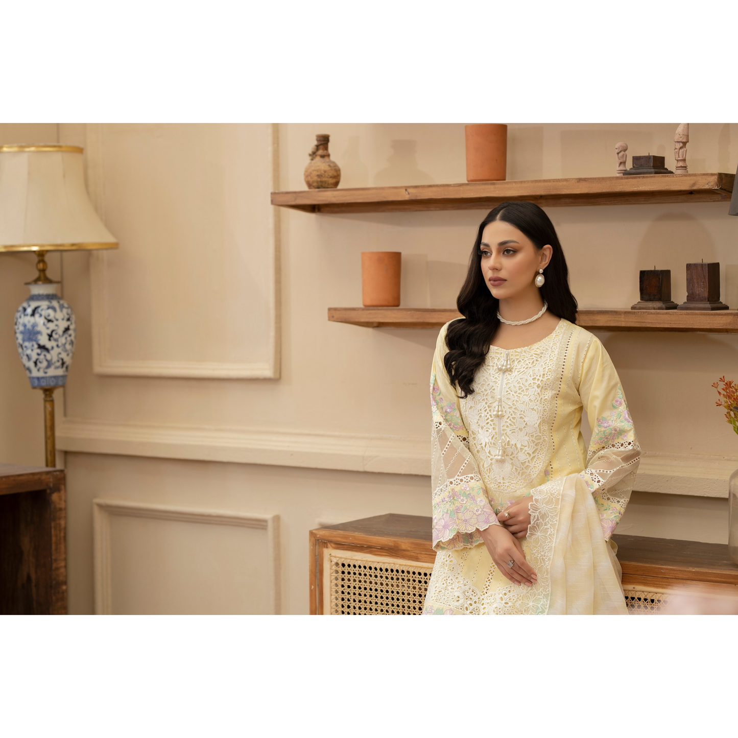 KC-1435 Embroidered Cambric Cotton Farshi Shalwar Kameez Ready to Wear 3 Pc - Karma Collection