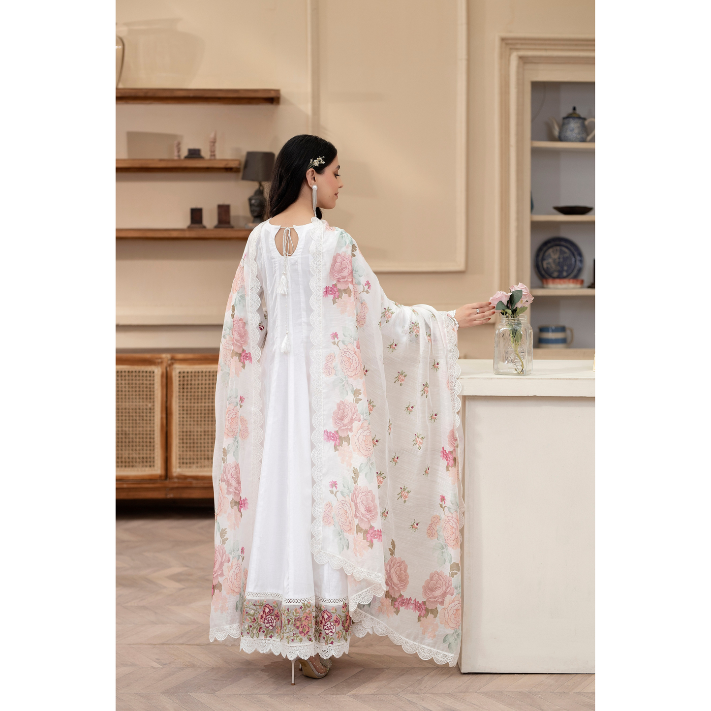 KC-1436 Embroidered Cambric Cotton long Frock Dress Ready to Wear 3 Pc - Karma Collection
