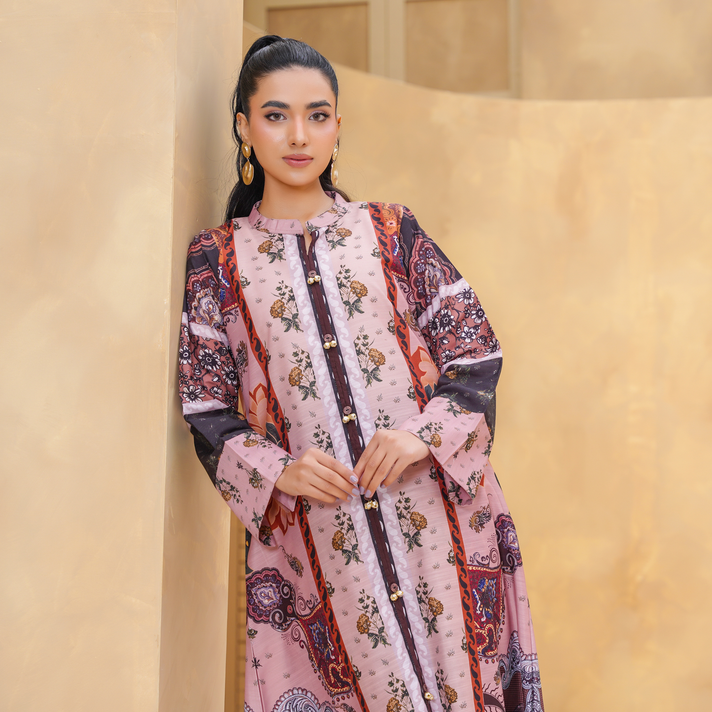 UA-157 Printed Slub Khaddar Kaftan Co-Ord Set | Winter 2 Piece Outfit
