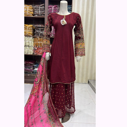 UA-166 Embroidered Chiffon Viral Sharara 3-Piece Collection by Umnaa