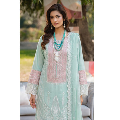 UB-02 3 Pc Embroidered Linen Dress With Embroidered Chiffon Dupatta  By UB