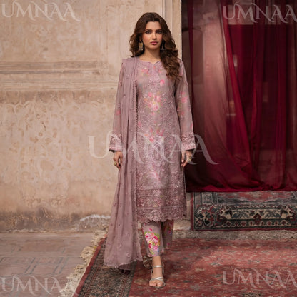 UA-205 Embroidered Chiffon 3-Piece with Printed Lining & Trouser