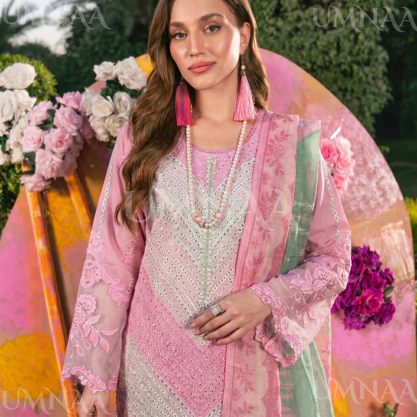 UA-208 Embroidered Chikenkari Cambric Cotton Pastel Festive Collection by Umnaa - Ready to Wear Pakistani Asian clothes