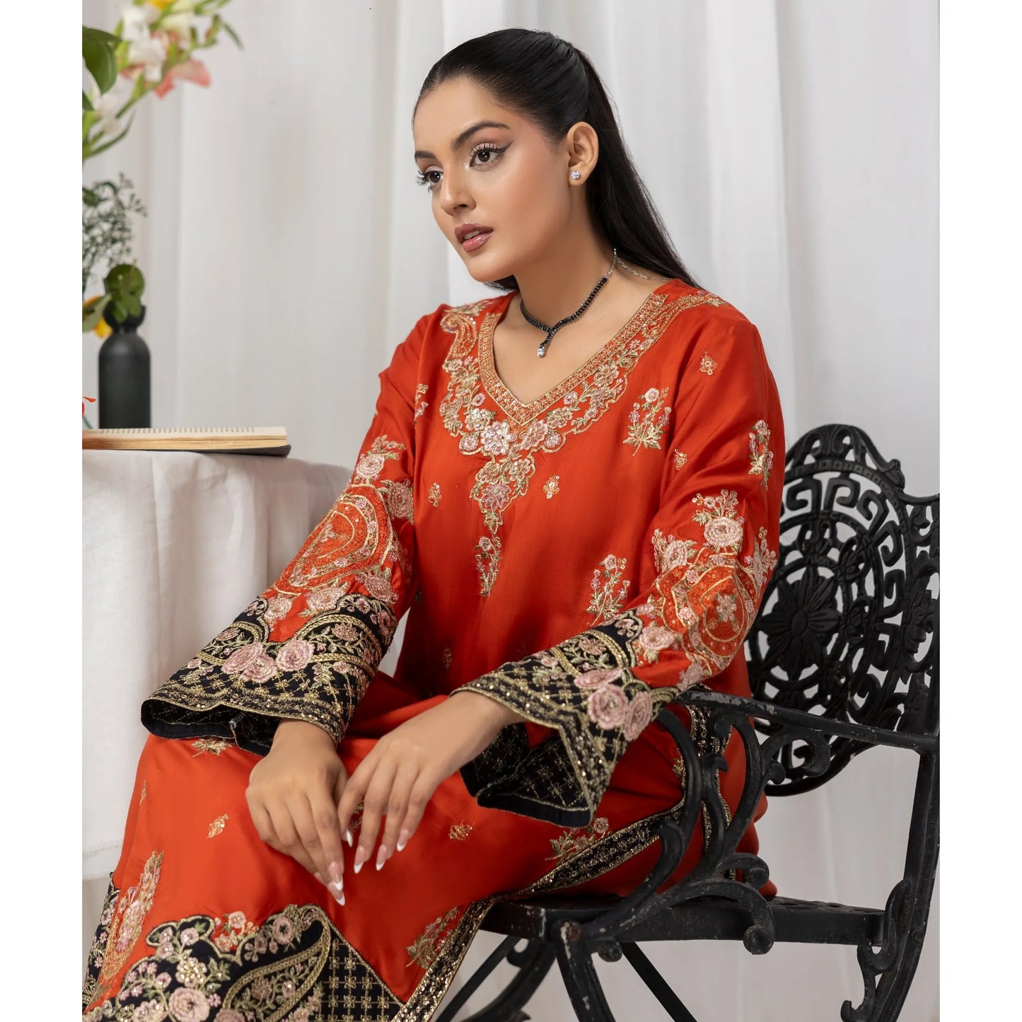 UTT-23 Embroidered Viscose Linen Kaftan Style 2 Piece Co Ord Set Collection by Traditional Thread