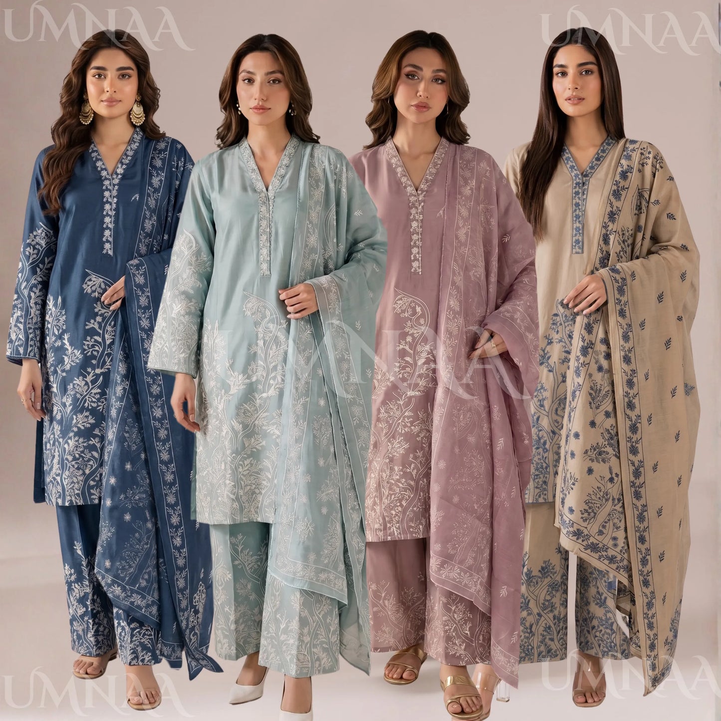 UA-221 Embroidered Cotton Ready to Wear Collection Pakistani Asian Women | 3 Piece Shirt Trouser Duppata by Umnaa