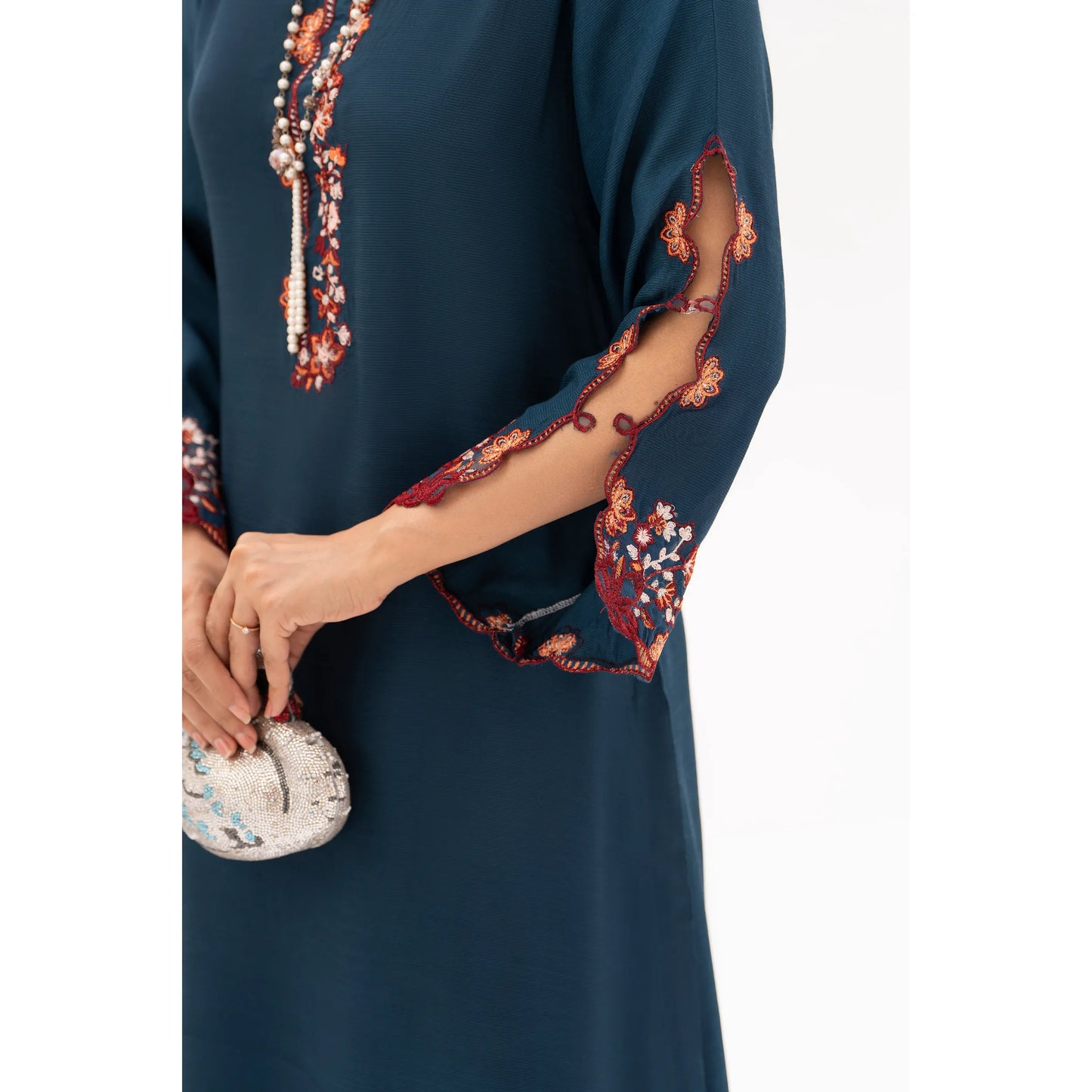 RA-32 MIDNIGHT BLOSSOM Embroidered Raw Silk Long Kaftan Style 2 Piece | Elegant Women's Festive & Formal Wear