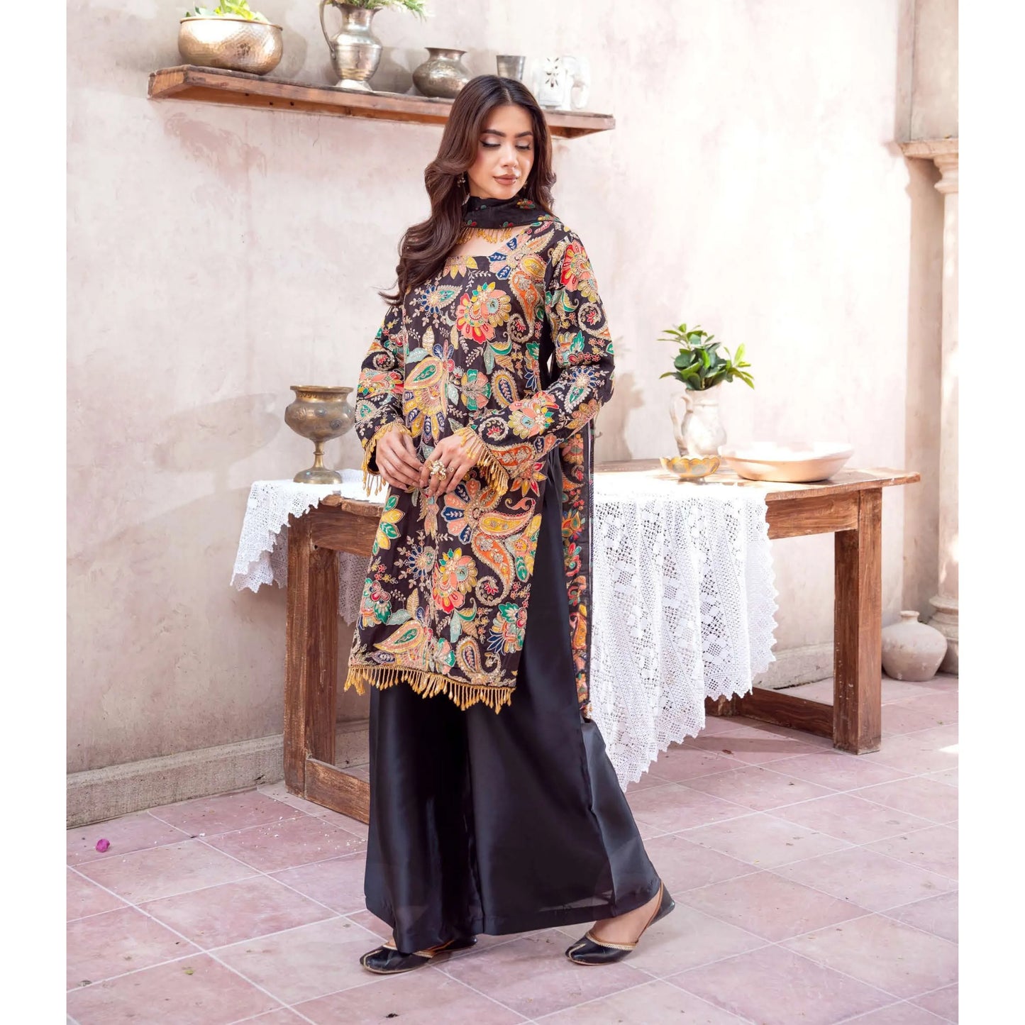 UA-225 Trendy Indian Armani Silk 3 Piece Suit by Umnaa | Embroidered Kameez with Shamoos Silk Shararah & Apple Silk Dupatta | Festive & Party Wear