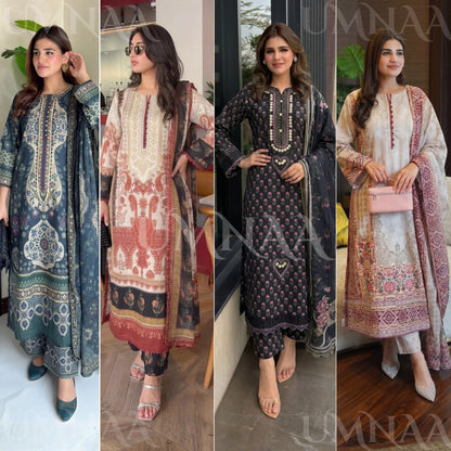 UA-229 Printed Lawn Long Kaftan Style 3  Piece Casual Summer Collection by Umnaa