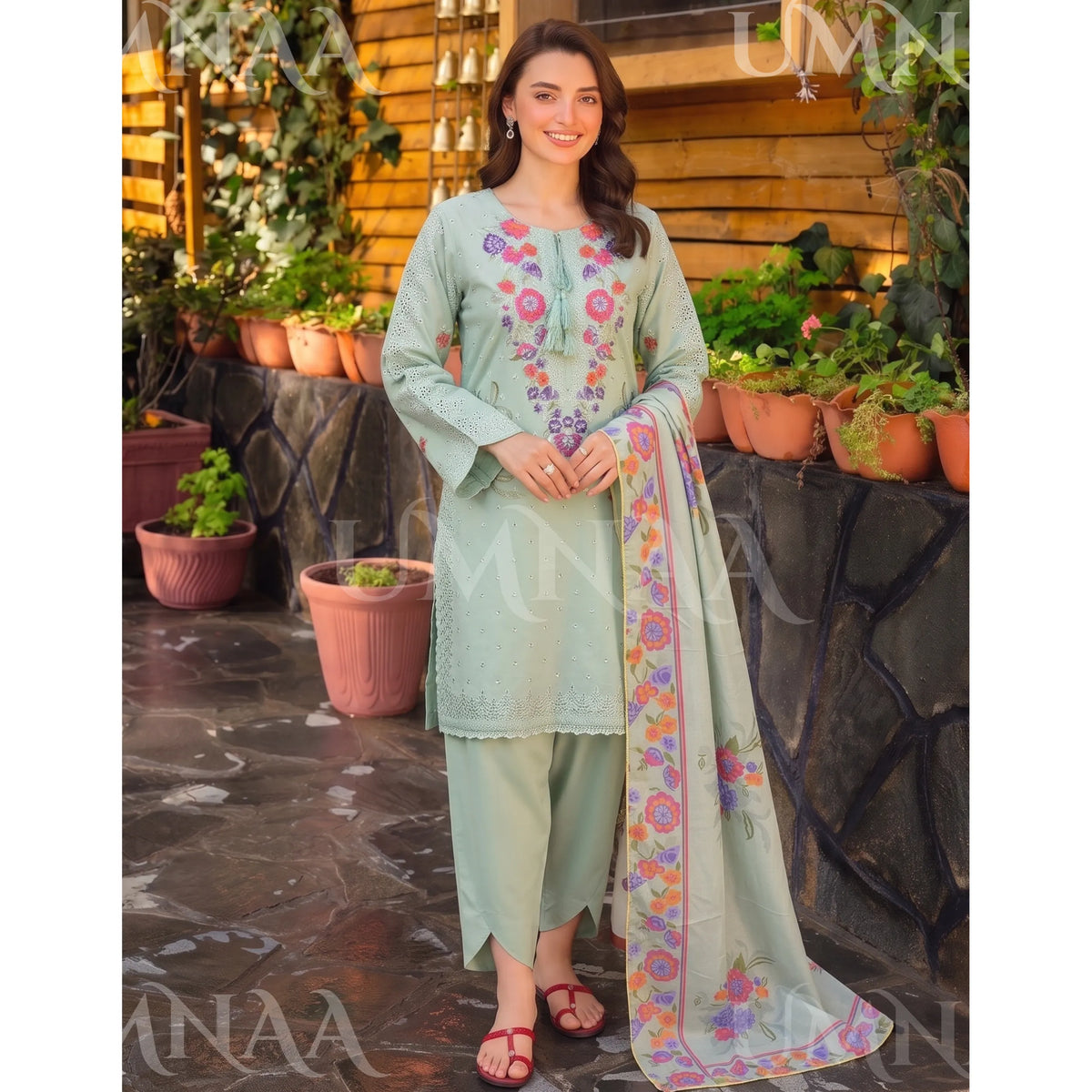 UA-270 Embroidered Cambric Cotton with Tulip Style Shalwar | Umnaa