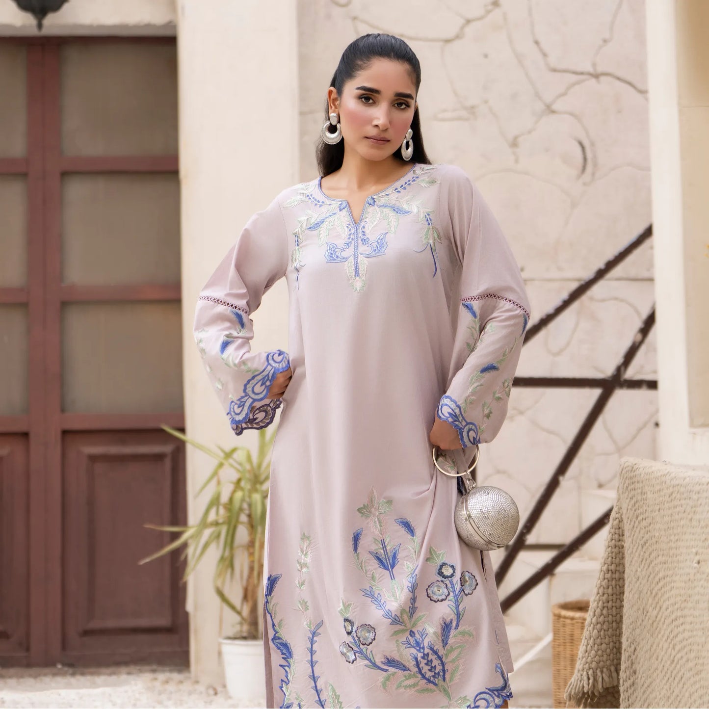 UA-247 Embroidered Cambric Cotton Kaftan Style Co-Ord Set Asian Wear | Umnaa