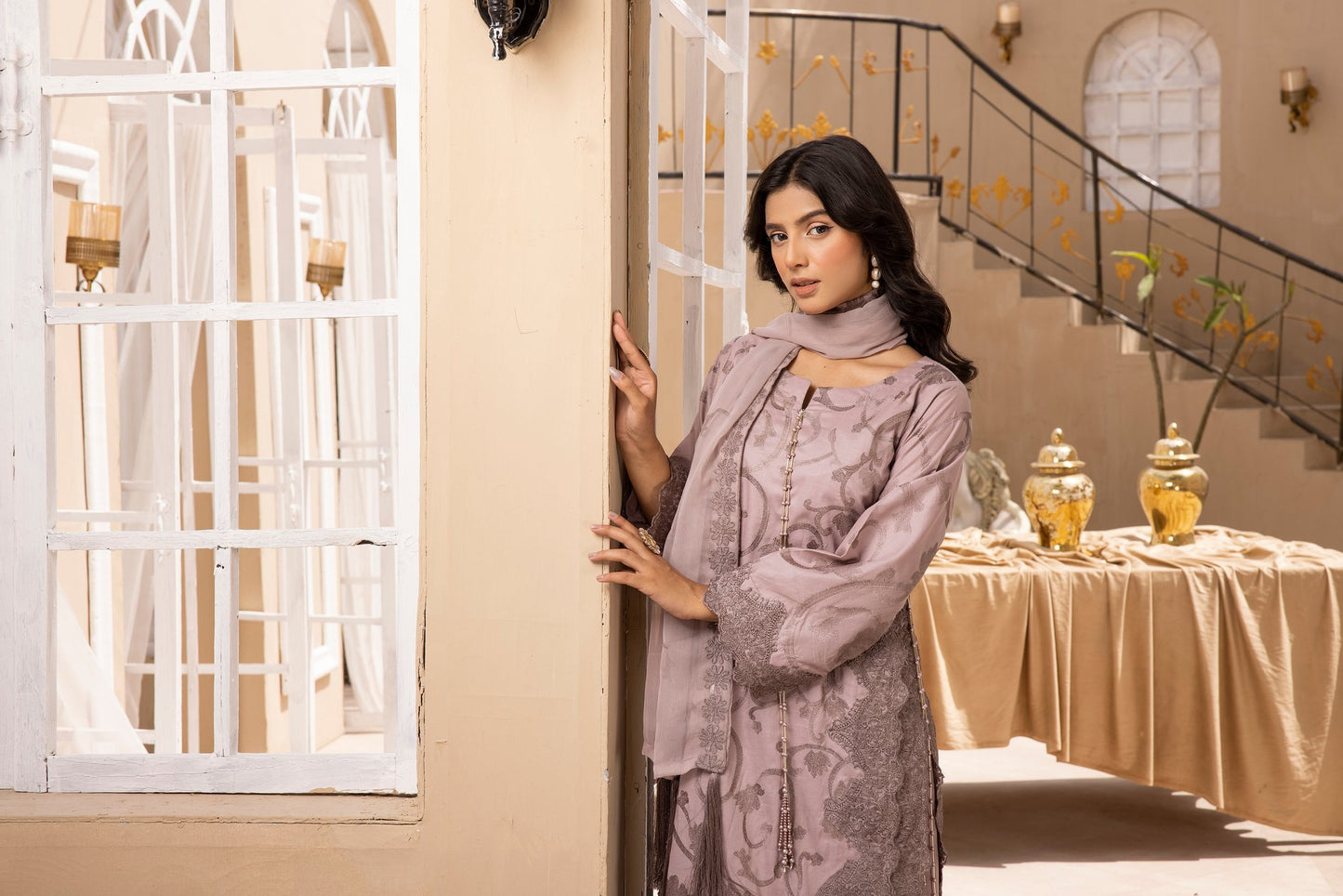 Mauve Grey |Embroidered Cambric Cotton|3 Pc|Simrans