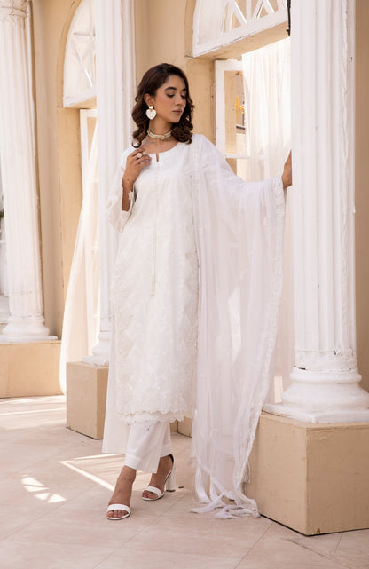 White|Embroidered Cambric Cotton|3 Pc|Simrans