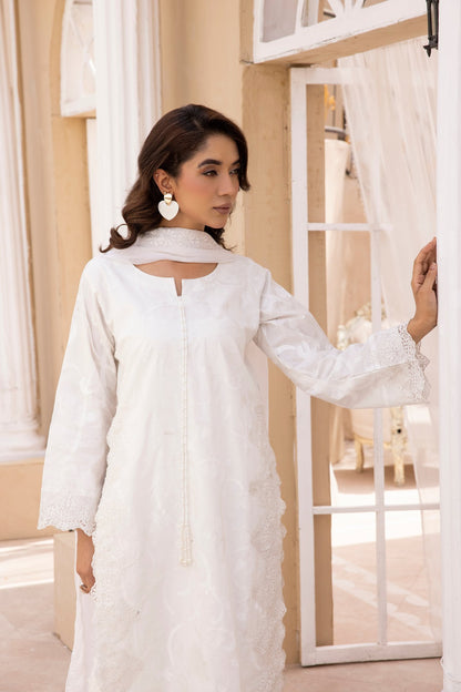 White|Embroidered Cambric Cotton|3 Pc|Simrans
