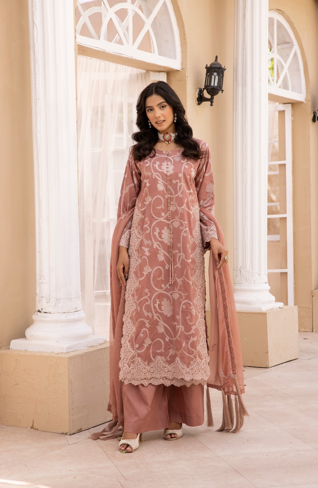 Pinkish Brown |Embroidered Cambric Cotton|3 Pc|Simrans