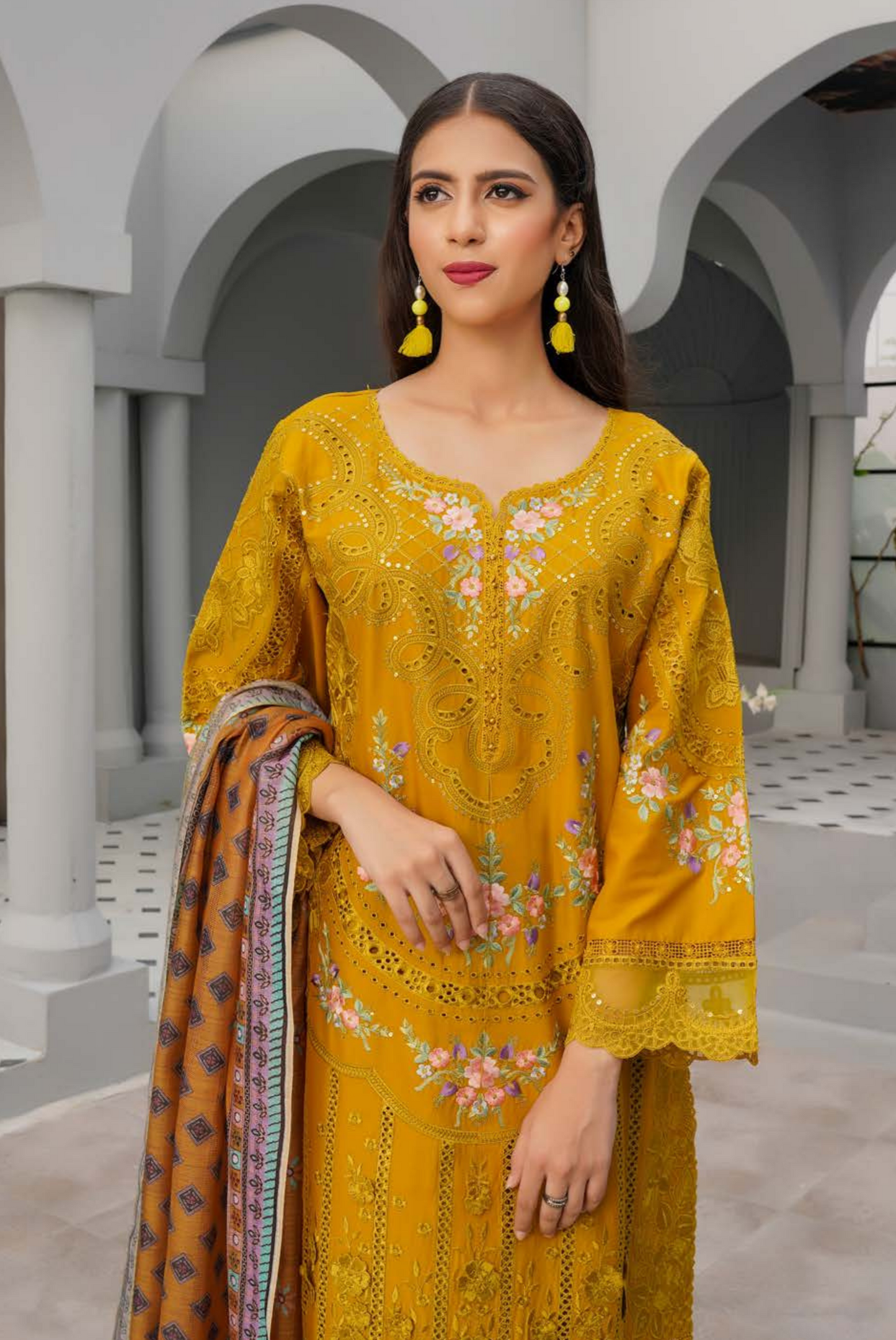 (Mustard) Heavy Embroidered Cotton Linen Ready to Wear Dress - MUNIRA