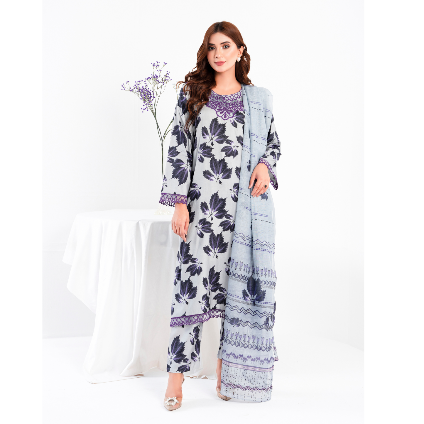 (Pale Grey) 3 Pc Printed Floral Embroidered Linen Dress Winter Wear | Raniya.h