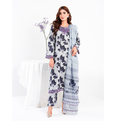 (Pale Grey) 3 Pc Printed Floral Embroidered Linen Dress Winter Wear | Raniya.h