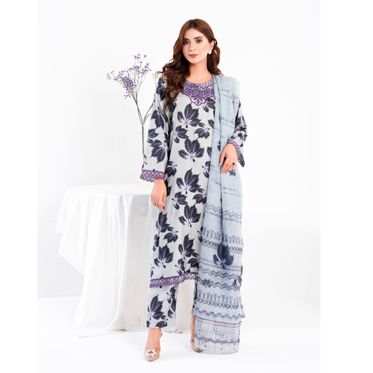 (Pale Grey) 3 Pc Printed Floral Embroidered Linen Dress Winter Wear | Raniya.h