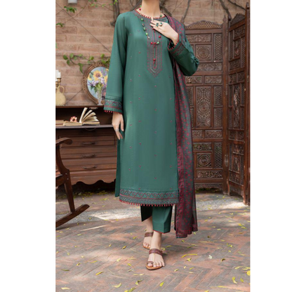 (Green Teal) Embroidered Linen 3 Pc Ready to Wear by Casuallite