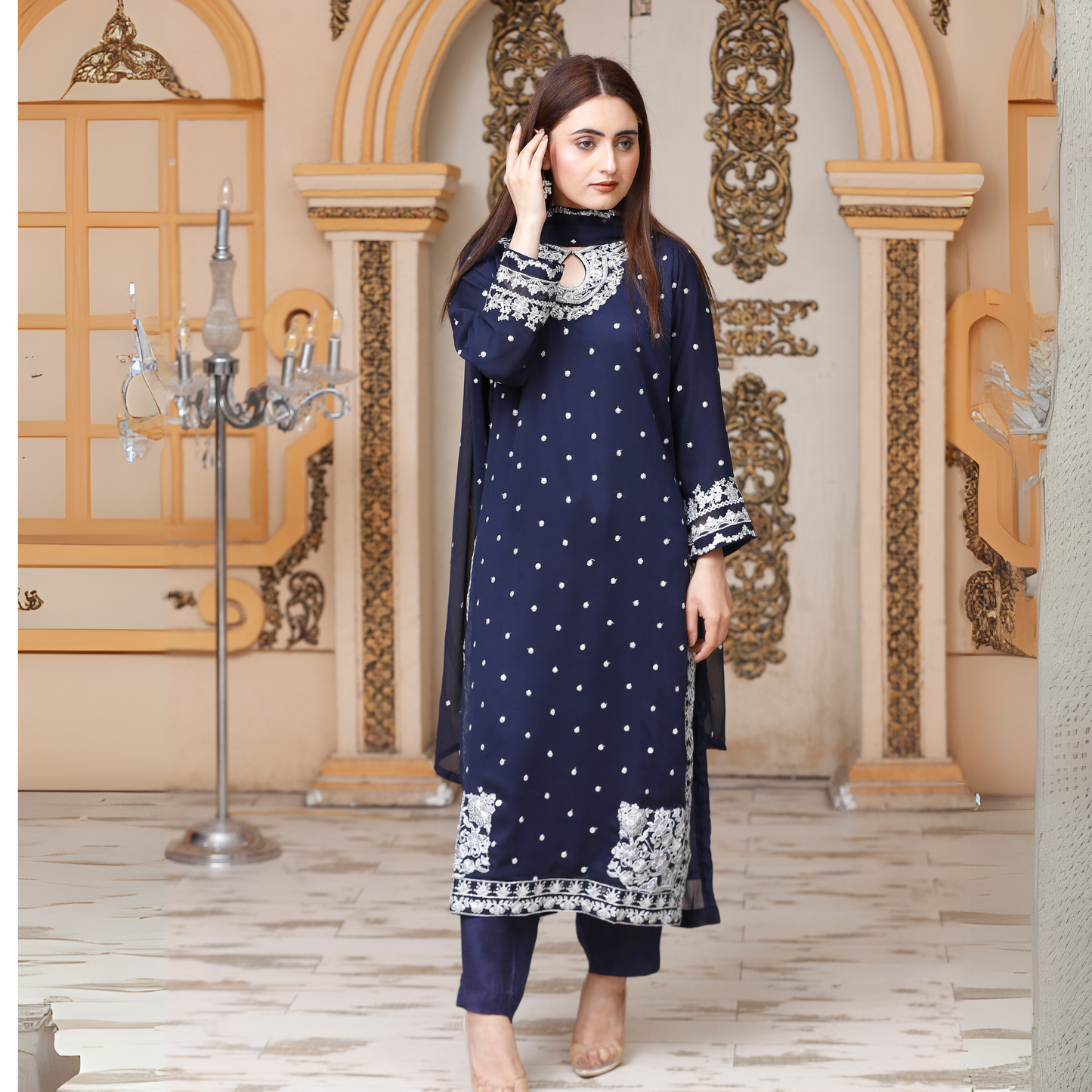 UA-54 3Pc Luxury Embroidered Chiffon Dress with Chiffon Dupatta 3 Pc |Ready to Wear| Umnaa