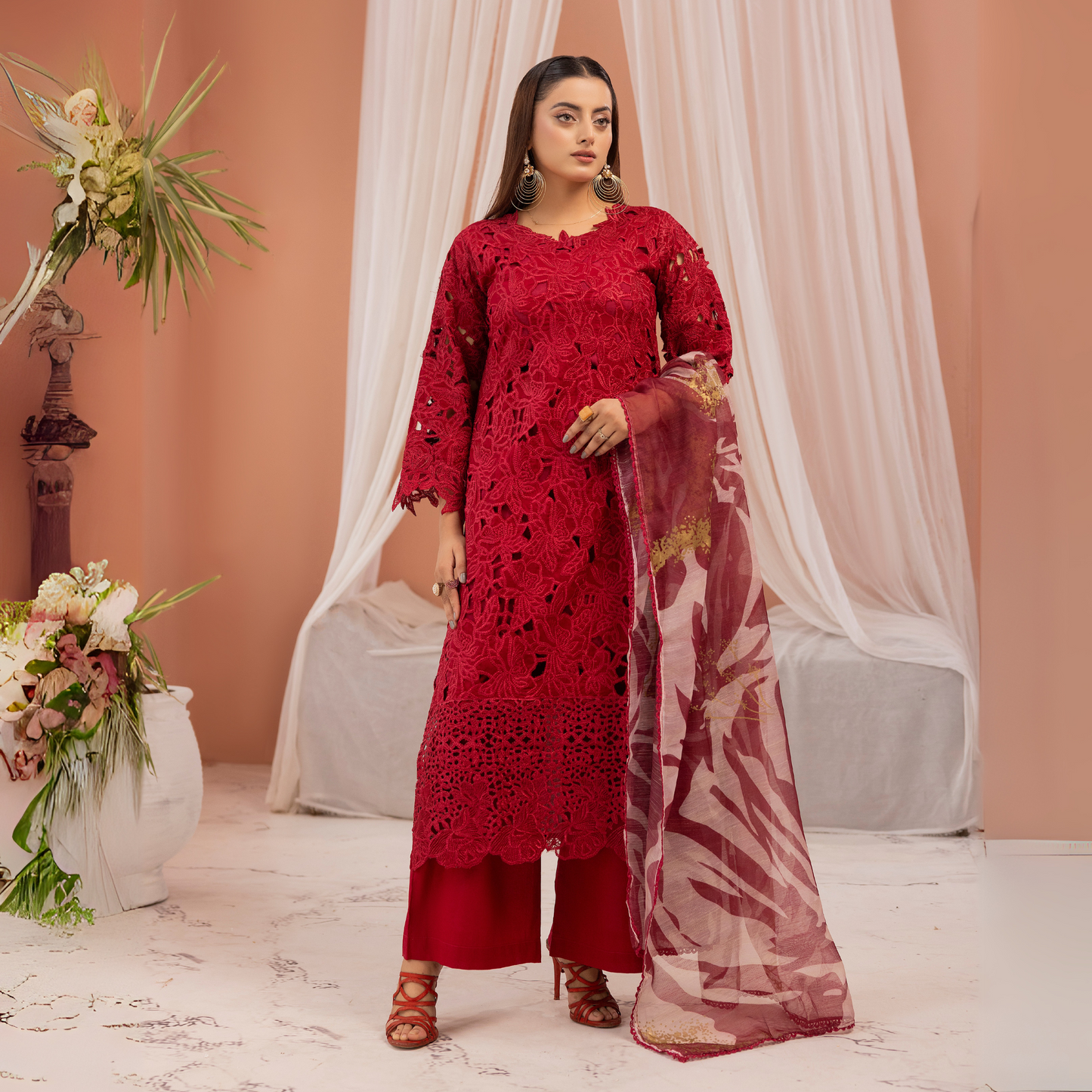 UMS-16 3 Pc Chikenkari Cambric Cotton Ready to Wear Dress | Simrans